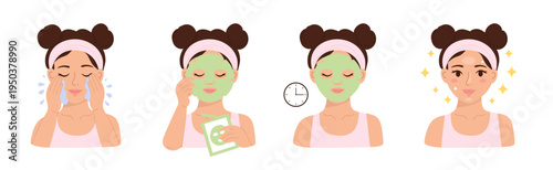 Young woman showing step by step skincare routine with sheet mask. Female character washing face, applying facial mask and glowing skin after beauty treatment infographic set isolated.