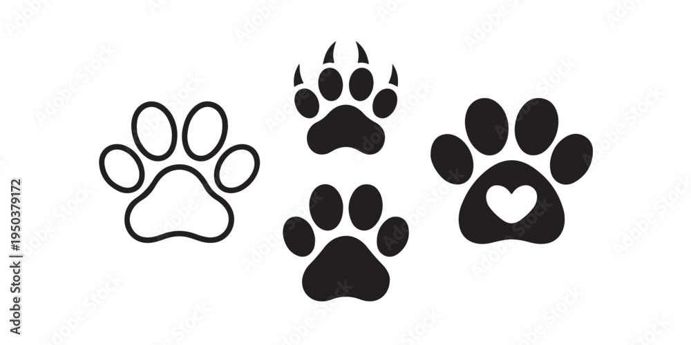 Fototapeta premium Set of paw prints icons and symbols including heart, black and white outlines and solid silhouettes