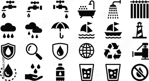 Water and plumbing icon set featuring faucet, shower, bathtub, umbrella, rain cloud, sailboat, lighthouse, recycling symbol, water bottle, filtration and conservation symbols vector collection