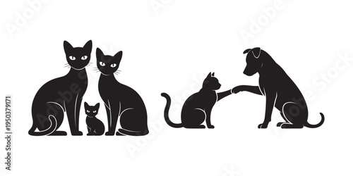 Black silhouettes of cats and dog family playing together on white background, concept friendship