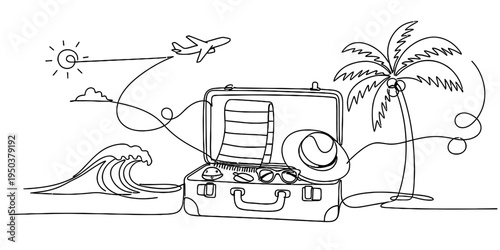 Continuous One Line Drawing of Summer Travel Suitcase and Beach