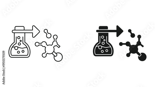 Chemical Reaction, Molecular Transformation, Flask with Bubbles, Arrow, Molecules, Science Icons