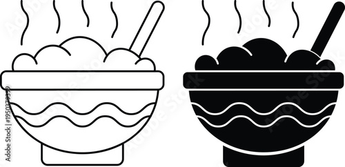 Two bowls of hot food, one in outline and one in solid black, with steam rising and a spoon.