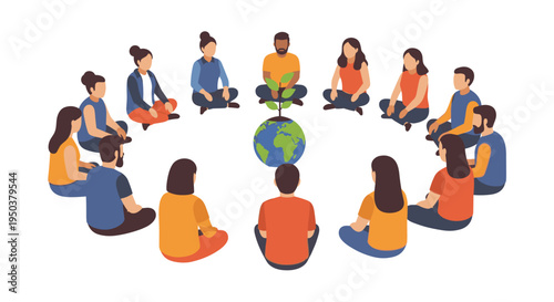 Diverse group of people sitting in a circle, fostering community, collaboration, and environmental sustainability around a growing plant on Earth.