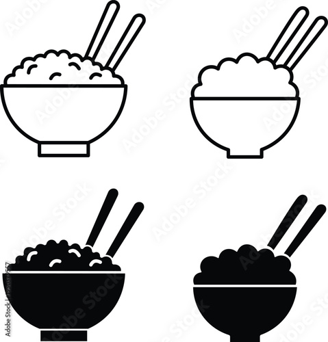 Four bowls of rice with chopsticks in outline and solid black styles, representing Asian cuisine.