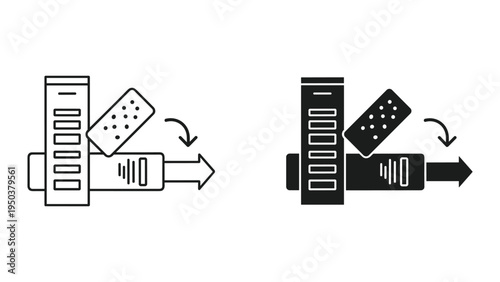Abstract icons depicting medical devices, technology, and progress with arrows and data elements