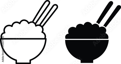 Two minimalist icons depicting a bowl of rice with chopsticks, one in outline and one as a solid black silhouette.