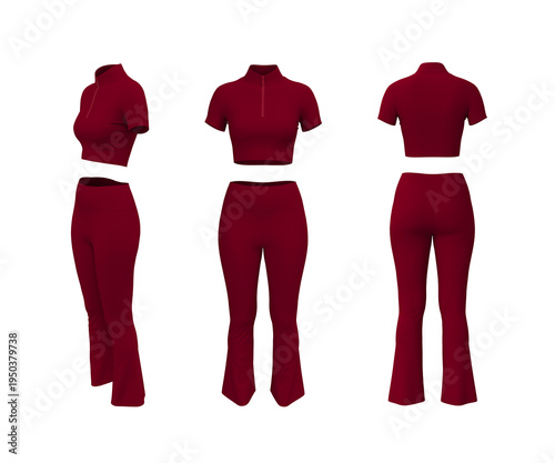 Women’s Zip Tracktop and Flare Leggings Set Mockup. Front, Side, Back View