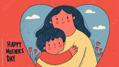 Cute Cartoon Mother Hugging Child Illustration Celebrating Mother’s Day Love, Family Bond, Parenting Warmth and Emotional Connection