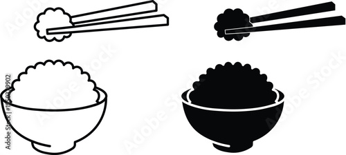 Black and white outline and solid icons of a bowl of rice with chopsticks holding a grain of rice.