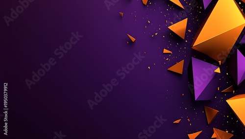 Abstract purple background with orange and purple geometric triangles and sparkles