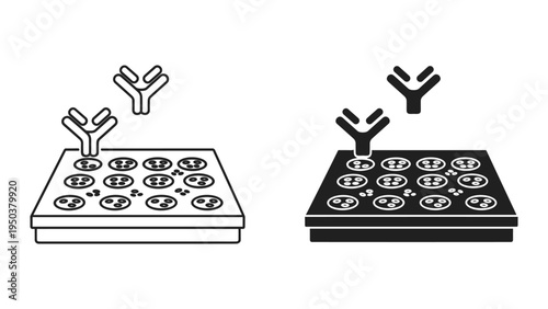 Antibody assay in microplate, scientific research and laboratory icon, line art and solid fill