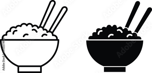 Two simple graphic icons depicting a bowl of rice with chopsticks, one in outline and one in solid black.