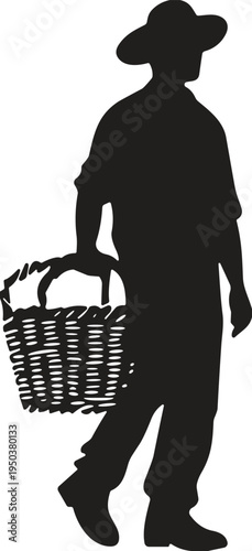 Farmer carrying basket silhouette vector illustration rural agriculture worker with hat farm harvest concept countryside lifestyle symbol isolated on light background