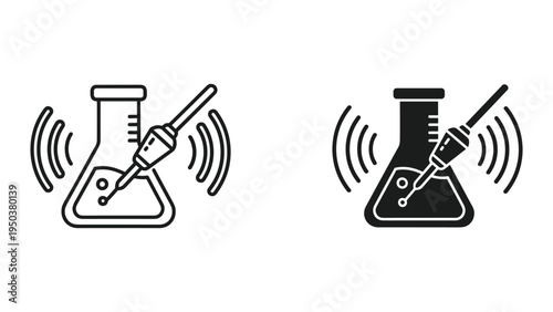 Laboratory flask with pipette and sound waves icons, scientific experiment illustration