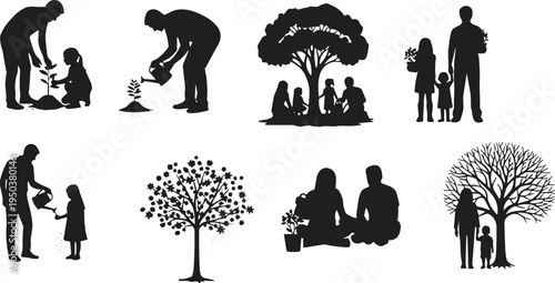 Family planting tree and gardening silhouettes collection, parents and children caring for plants in nature, environmental conservation and eco friendly lifestyle vector set