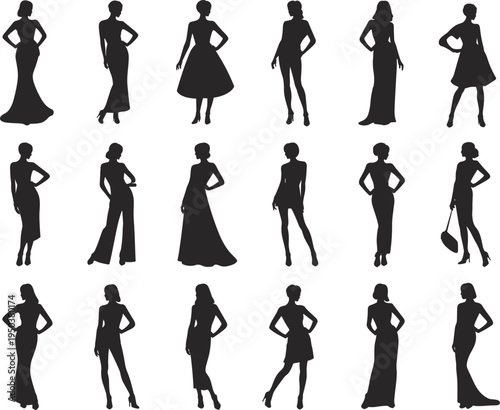 Fashion women silhouette collection with elegant female poses in dresses and heels, stylish lady figures set for fashion design, modeling concept and clothing illustration