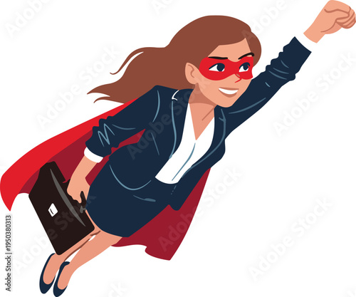 Flying businesswoman superhero illustration with red cape and briefcase, powerful female leadership concept, business success motivation symbol for empowerment, career growth and leadership design