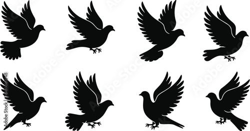 Flying dove bird silhouette set vector illustration, peace symbol pigeon collection with wings spread, black bird icons isolated for design, freedom concept
