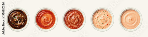 Watercolor vector ketchup-based sauces set: barbecue, sweet and sour, cocktail, thousand island, fry