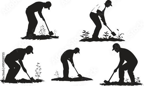 Gardener digging soil with shovel silhouette collection farming and planting workers agriculture gardening activity vector illustration set isolated for landscaping concept