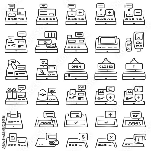 Collection of shopping and retail checkout icons including cash registers and signs.
