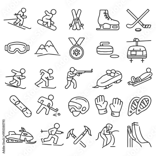 Winter sports icons: skiing, snowboarding, hockey, ice skating, biathlon, bobsleigh.