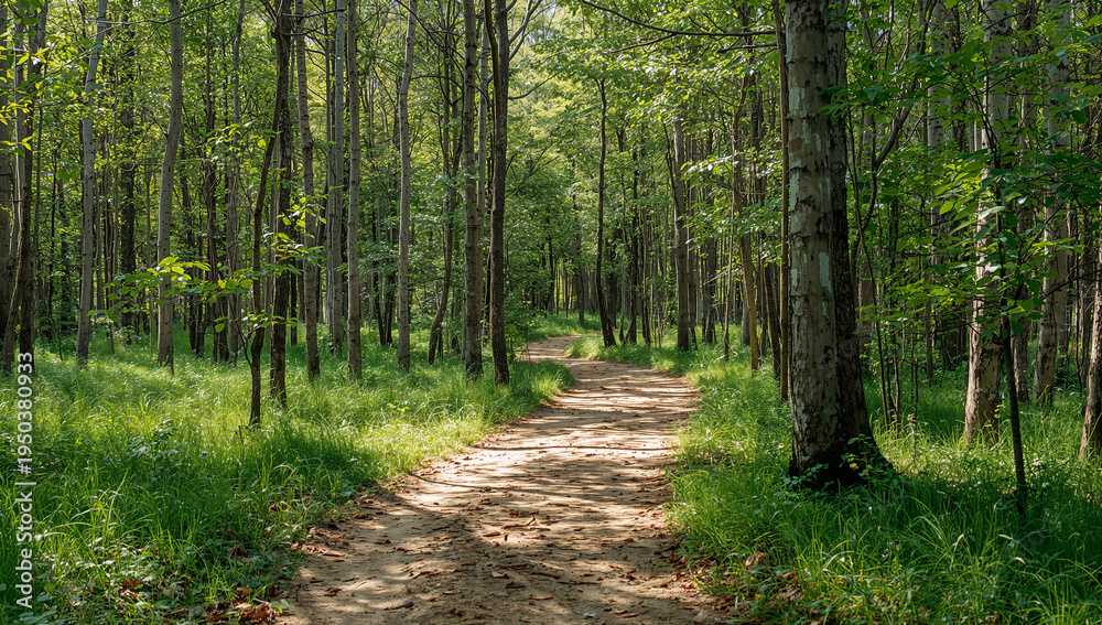 Fototapeta premium Sunlight filters through a dense forest onto a winding dirt path lined with lush green grass