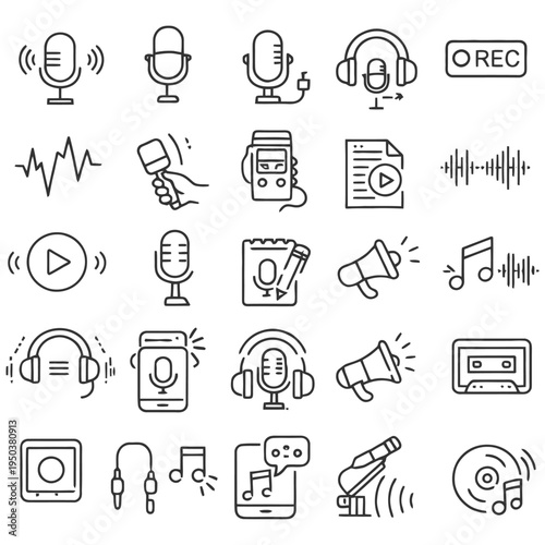 Audio equipment icons set featuring microphones, headphones, speakers, and music symbols.