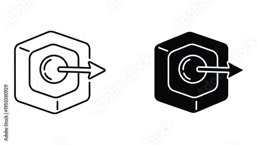 Hexagonal Icon with Arrow Indicating Exit or Outflow - Line and Silhouette Versions