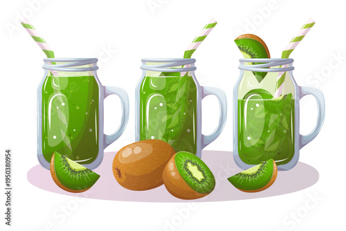 Vector illustration of kiwi juice in glass jars with fruit
