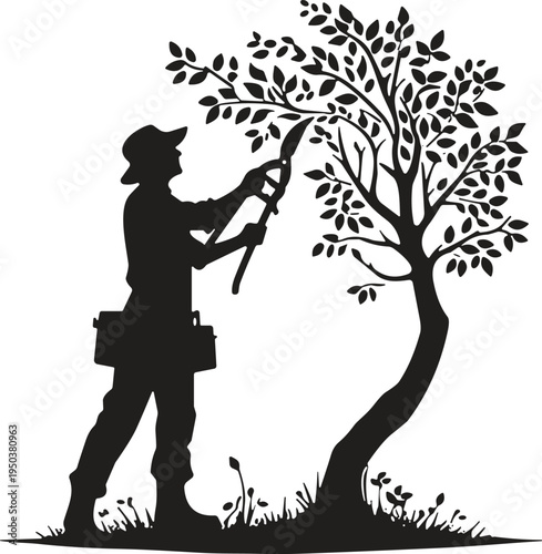 Gardener pruning tree with shears silhouette vector illustration landscaping worker trimming branches garden maintenance concept nature care isolated on light background