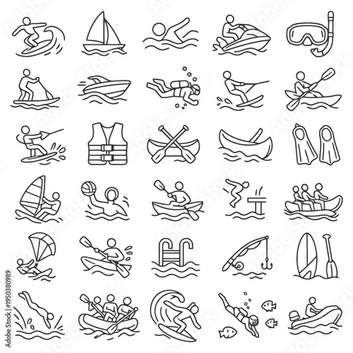 Water sports icons collection featuring surfing, diving, and boating activities.