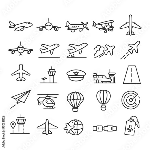 Set of aviation icons featuring aircraft, airports, and accessories.