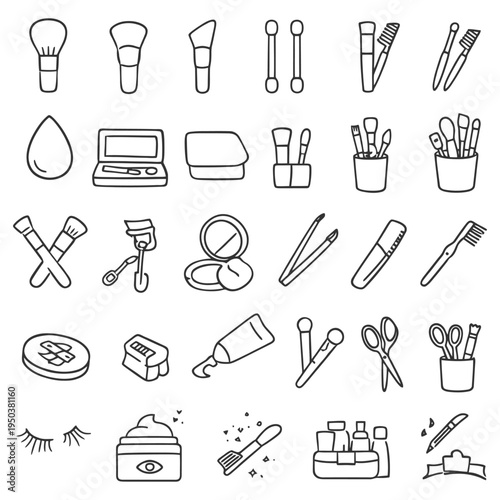 Line art makeup tools: brushes, makeup kits, eyelash curler, scissors, cream jar.
