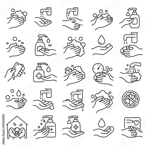 Handwashing hygiene icons set for health and safety practices.