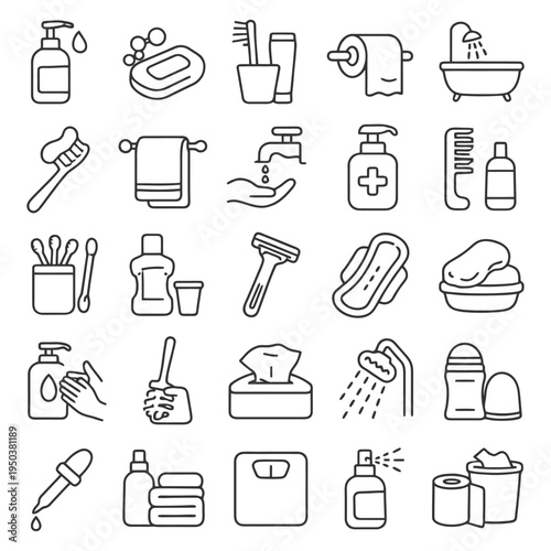 Icons of bathroom essentials and personal care items in a minimalist line art style.