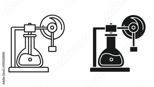 Vintage Steam Engine Icon with Flask and Flywheel - Black and White Line Art and Solid Silhouette