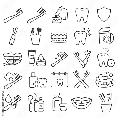 Collection of dental hygiene icons representing toothcare and oral health practices.