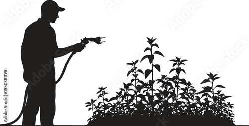 Gardener watering plants with hose silhouette illustration, man caring for garden vegetation outdoors, gardening activity concept for landscaping, agriculture, nature maintenance and eco lifestyle