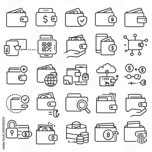 Line icons of wallets, payments, and security technologies.