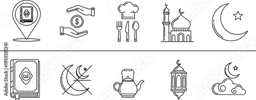Ramadan Islamic Line Icons Set with Mosque Quran Crescent Lantern Charity Prayer Fasting Religious Symbols