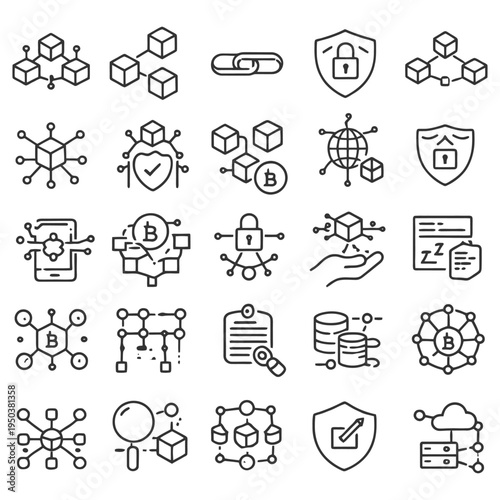Blockchain technology icons set with security and cryptocurrency symbols.
