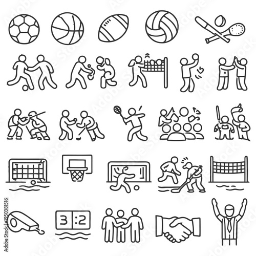 Hand-drawn sports icon set featuring various team and individual activities.