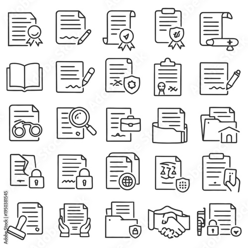 Outline icons of legal and document management symbols for business use.