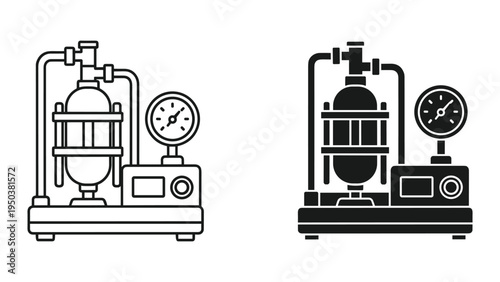 Industrial Equipment Icon: Pressure Gauge, Tank, and Control Panel. Scientific, Engineering, and Manufacturing Equipment.