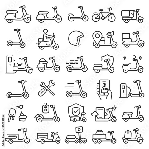 Electric scooter and bike icons set: transportation line art collection.
