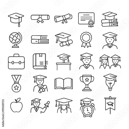 Education icons set featuring graduation caps diplomas books and students.