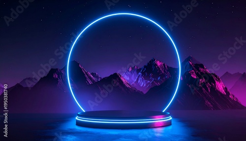 Neon Ring Illuminated Above a Stage with Mountainous Backdrop.