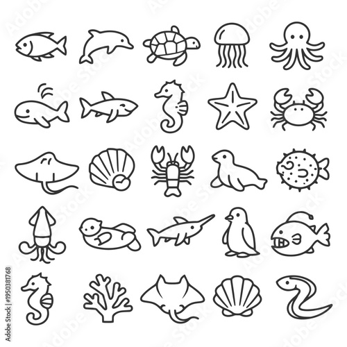 Marine life icons set featuring sea creatures and aquatic animals.